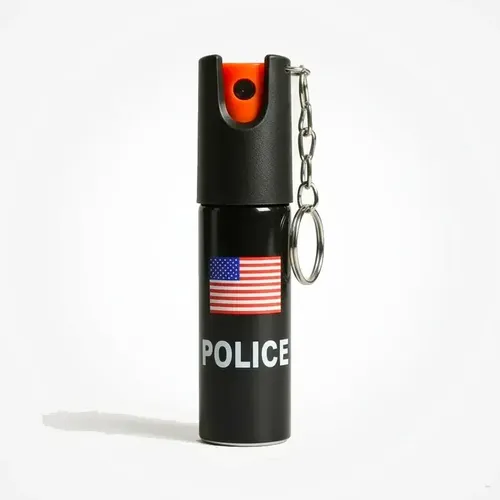 Spray de pimenta preto com tampa laranja e anel de chaveiro, rótulo Police, frasco de 20 ml